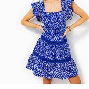Lilly Pulitzer Morrie Ruffle Sleeve Eyelet Dress 14 Blue Grotto Flutter Eyelet
